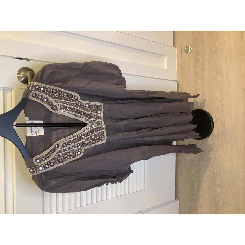 Much et Muchette Grey Taupe Beaded Embroidery Bohemian Peasant Tunic One Size